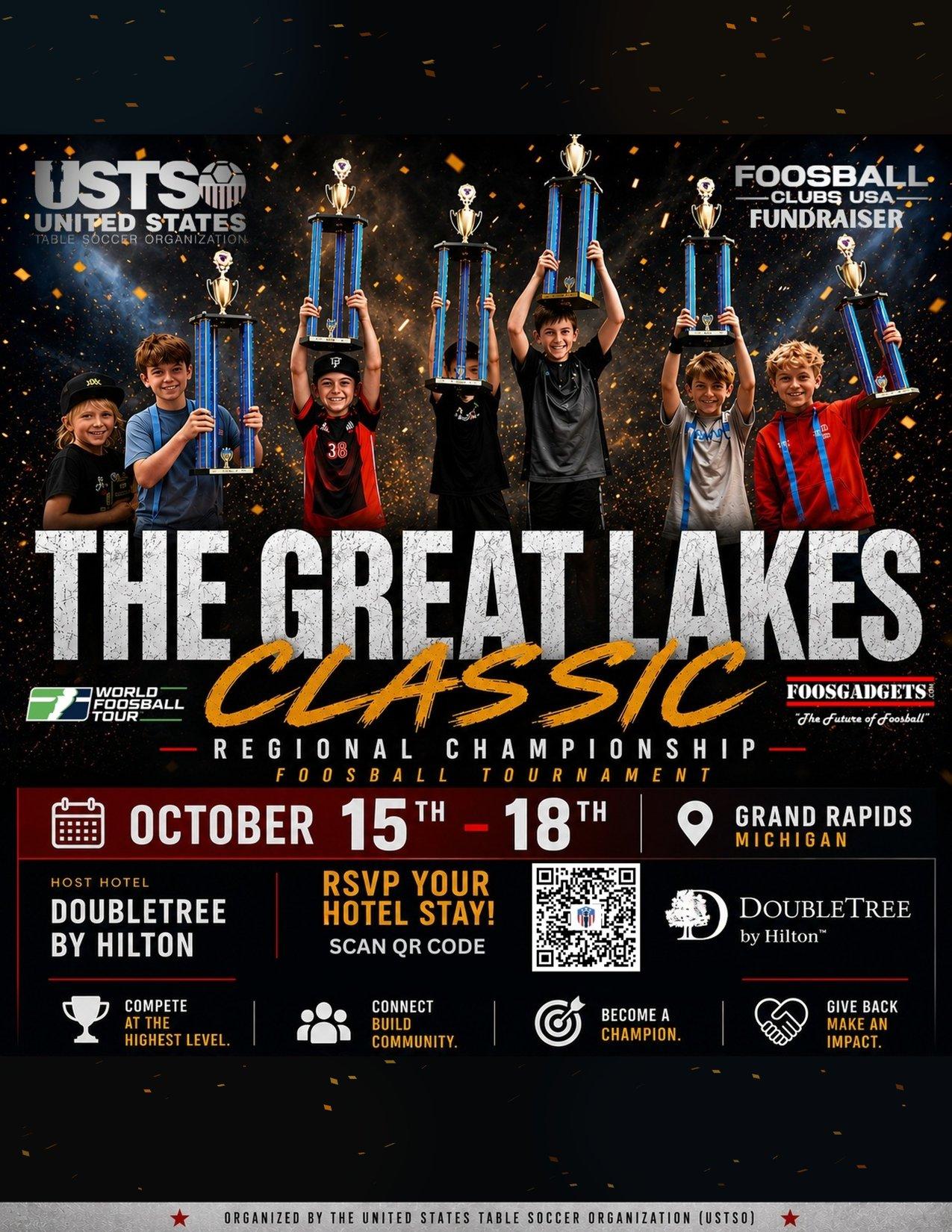 The Great Lakes Classic flyer: young players holding trophies. Regional championship foosball tournament, October 15 to 18, Grand Rapids, Michigan. Host hotel DoubleTree by Hilton. Organized by USTSO, a Foosball Clubs USA fundraiser.